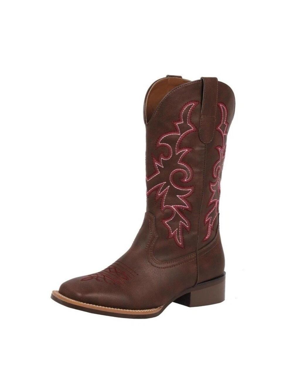 Women’s Cowboy Western Boots Brown Leather with Pink Embroidery Size 12 US / 42